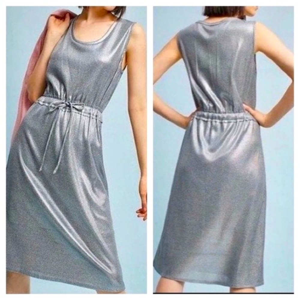 Dolan Anthropologie Silver‎ Metallic Midi Dress Drawstring Waist, Ribbed Sz S